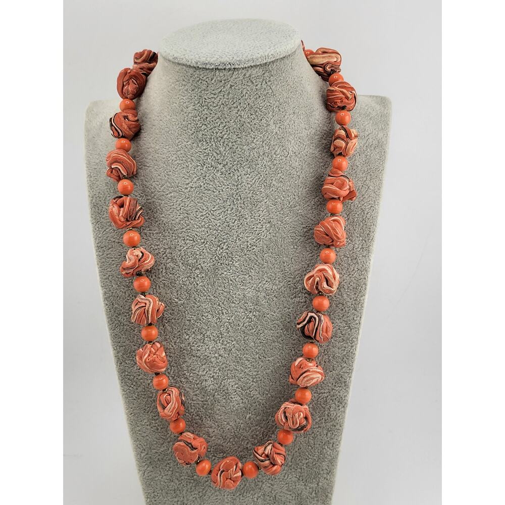 Vintage Hand Molded Clay Rose Bead Necklace Orange Statement 1960s